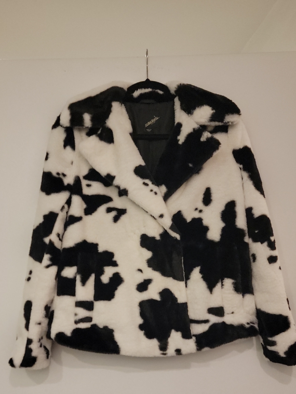 Faux Fur Cow Print Double Breasted Jacket Black White Plush Teddy Collared